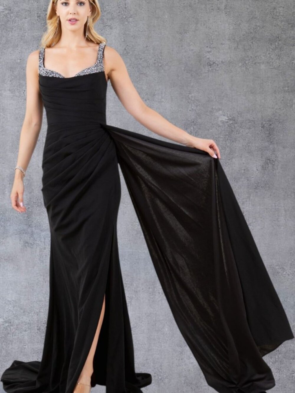 NEW BLACK Square Neck Evening Gown Floor Length With Slit 8283J